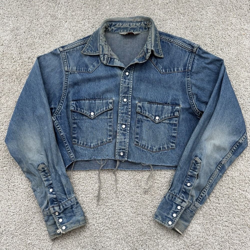 Vintage 80s Carhartt Denim Crop Pearl Snap Shirt Womens Large Raw Hem